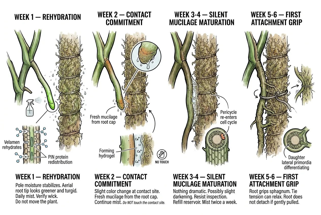 A gradual aerial-root attachment timeline from rehydration to anchoring