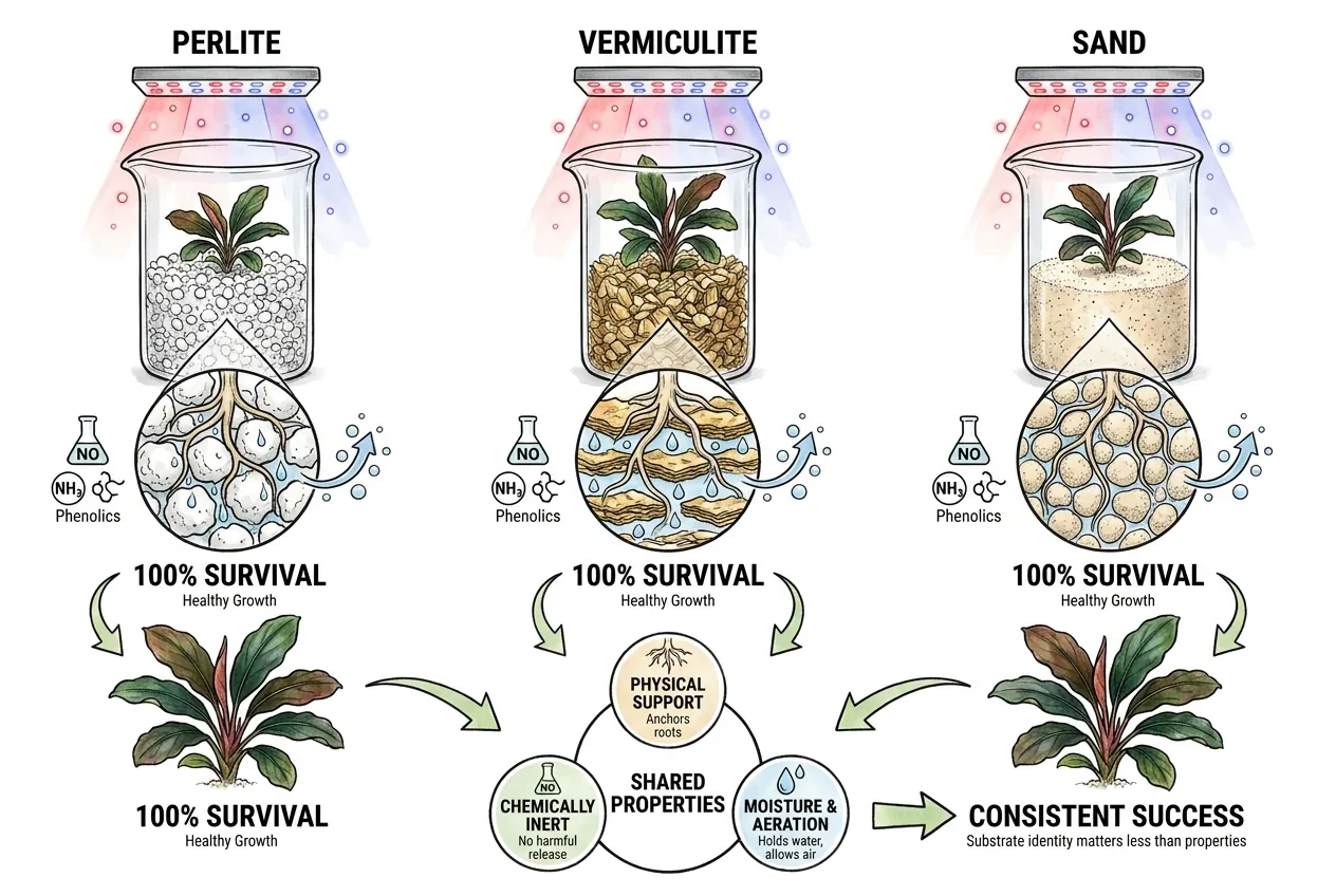 Illustration of perlite, vermiculite, and sand supporting tissue-culture plantlets
