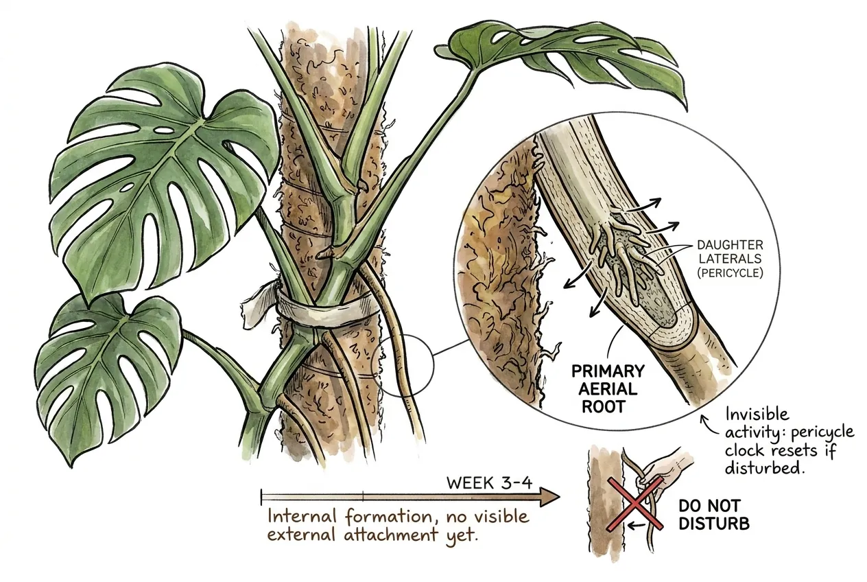 Side roots forming inside a root, hidden until they push out through the surface