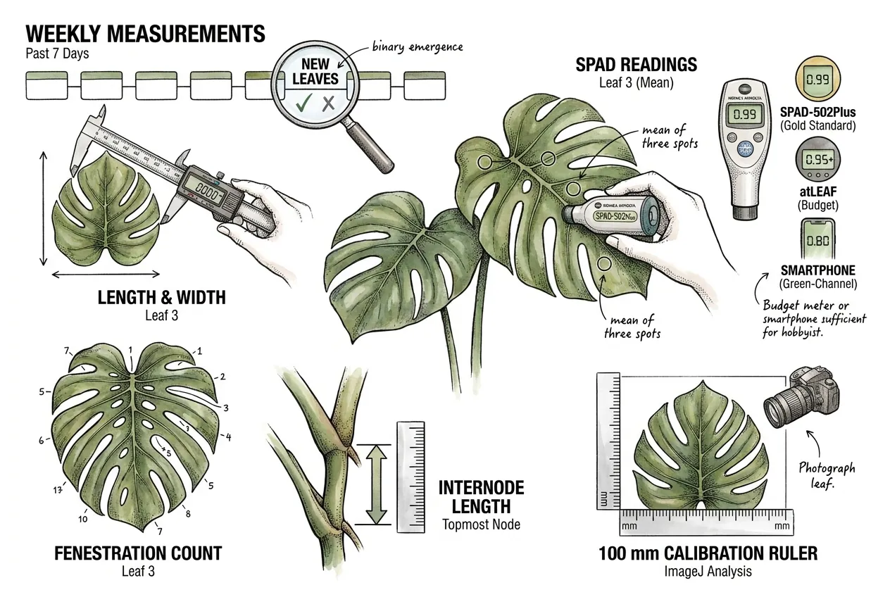 Illustration of a chlorophyll meter and caliper on a leaf; conceptual, device readouts are not real data