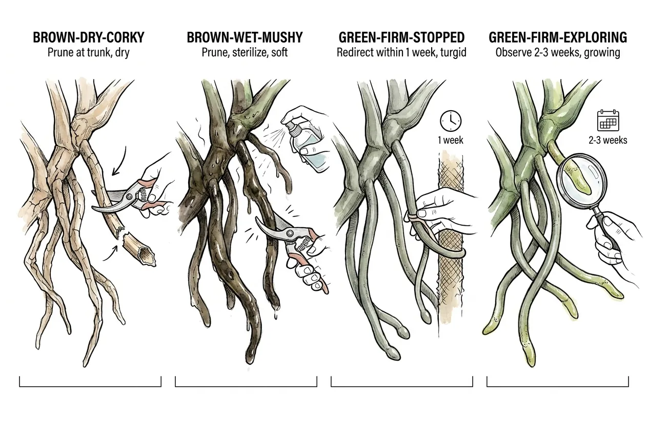 Aerial roots grouped roughly by color and texture