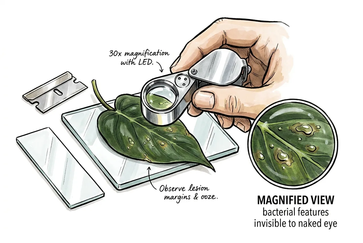 Razor blade, glass slide, and a lighted jeweler's loupe on a bench