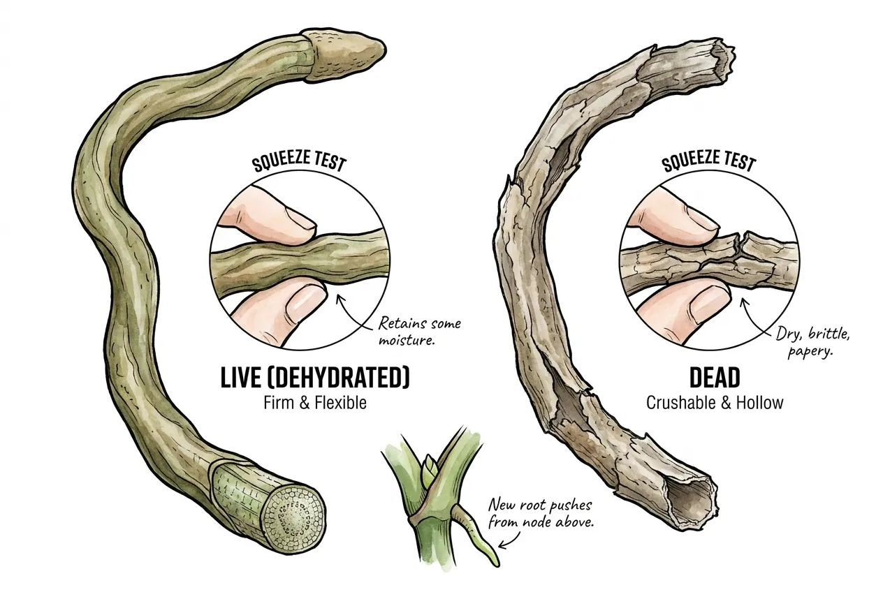 Gently checking a firm living root tip versus a crushable dead one