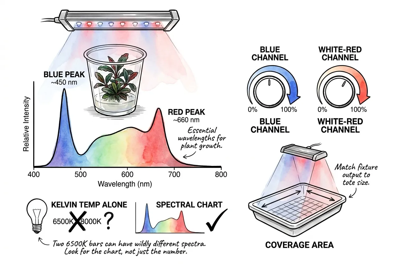 Illustration of an LED spectral chart with distinct blue and red peaks