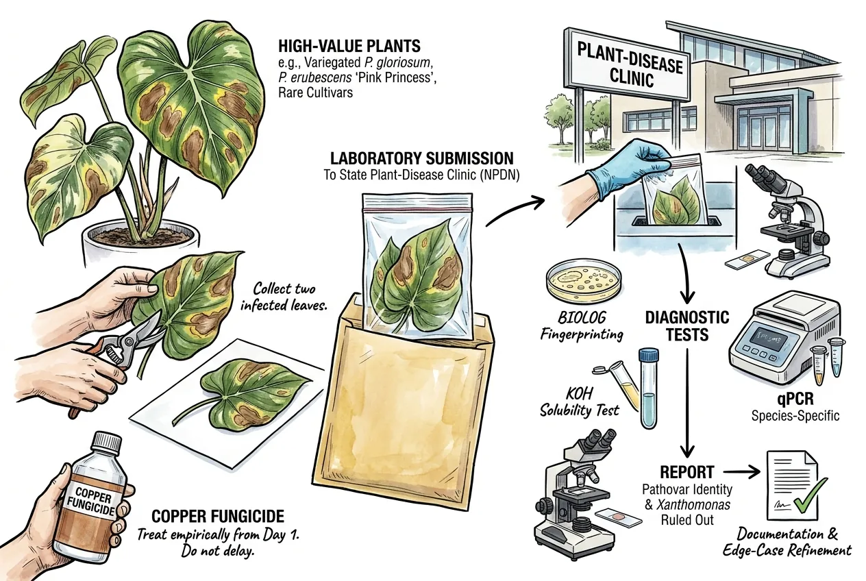 Philodendron leaves prepared for submission to a plant-disease clinic