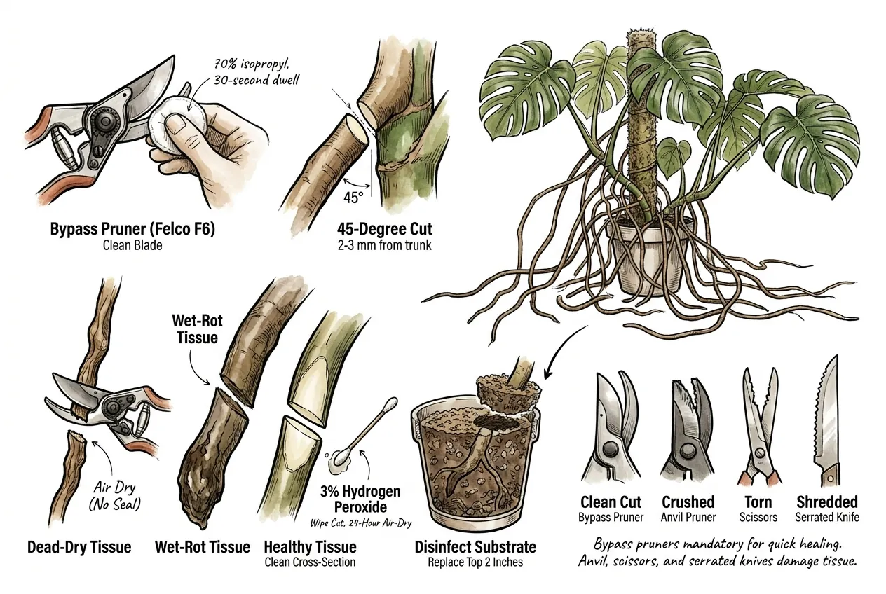 Making a clean cut near the trunk on an aerial root with a disinfected blade