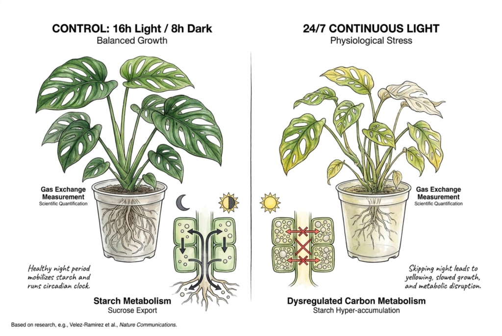 Planta bajo luz continua durante 24 horas, con hojas nuevas amarillentas como señal de advertencia