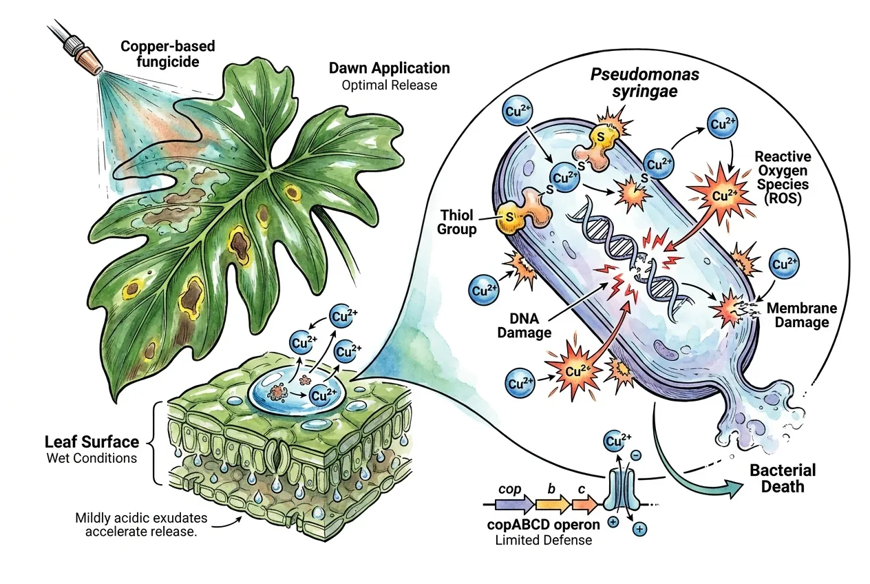 Copper ions interacting with a bacterial cell on a wet leaf surface