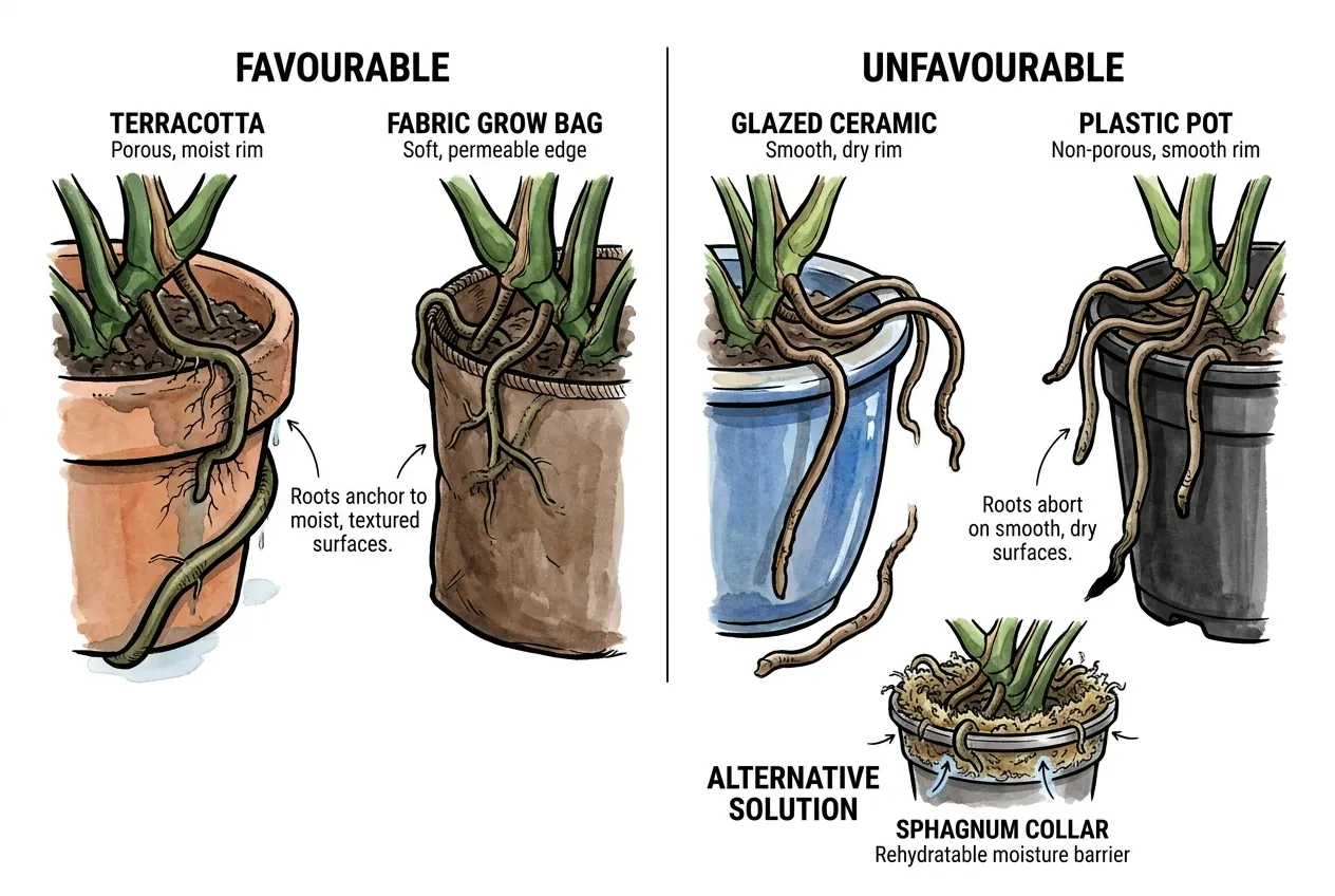 Terracotta, fabric, and plastic pots compared