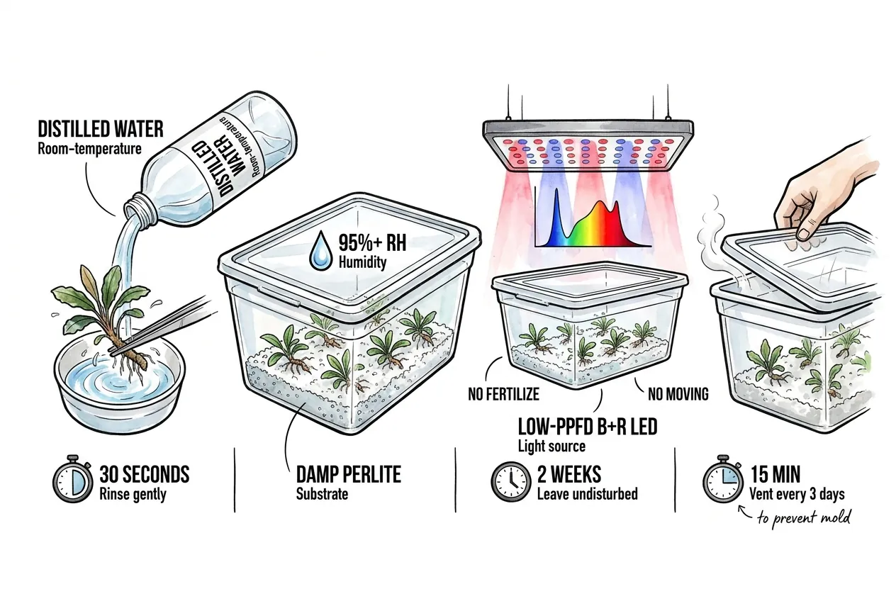 Illustration of rinsing tissue-culture plantlets and placing them on damp perlite
