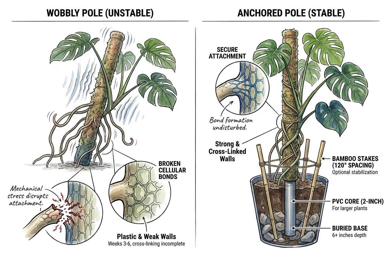 A pole buried deep and steadied with stakes to reduce wobble