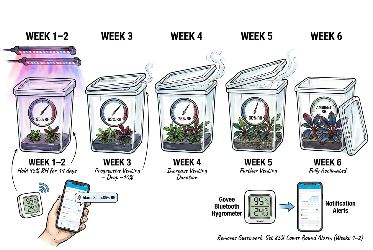 Illustration of a weekly humidity step-down for acclimatizing emersed plantlets