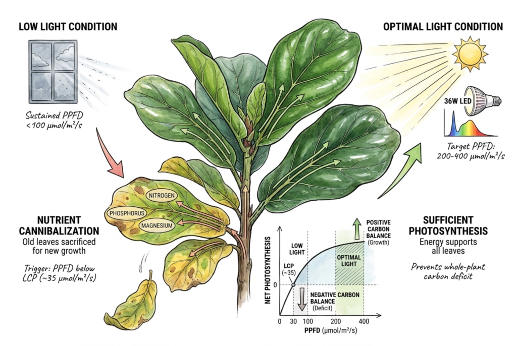 Ficus lyrata que pierde hojas inferiores mientras el crecimiento nuevo continúa en la parte superior