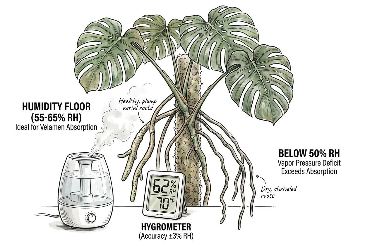 A hygrometer near the plant at canopy height reading moderate humidity