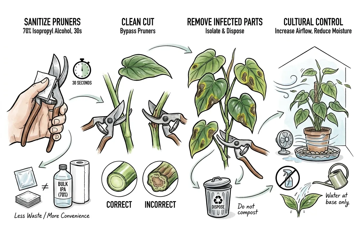 Alcohol prep pad wiping a bypass pruner blade between plants