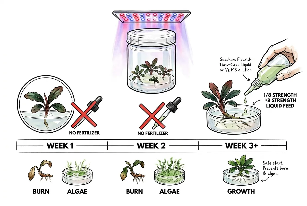 Illustration of diluted liquid fertilizer applied to an acclimatized rhizome