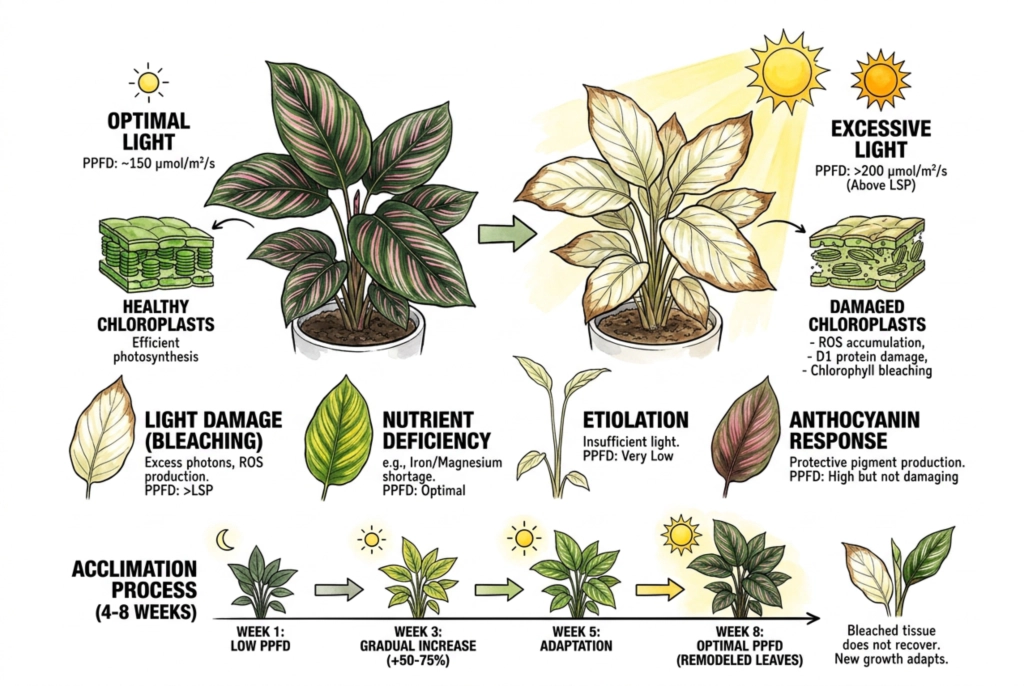 Hoja de Calathea con manchas pálidas y blanqueadas por exceso de luz directa
