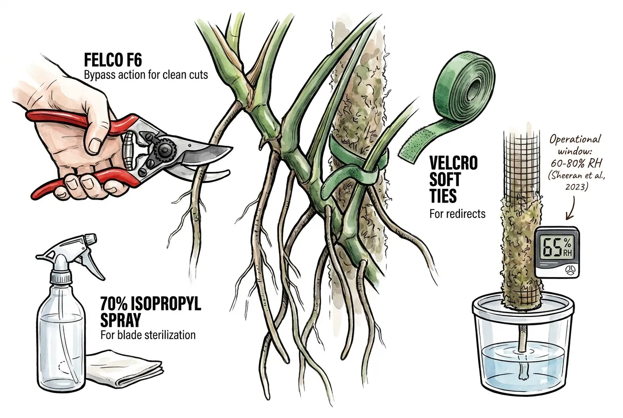 A bypass pruner, isopropyl spray, soft ties, and a wick reservoir