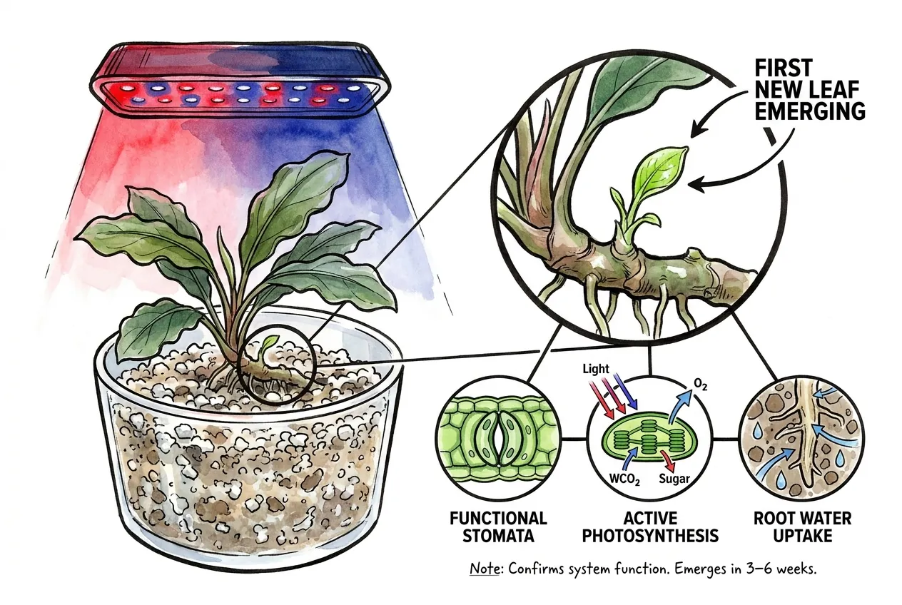 Illustration of a first new leaf emerging from an established rhizome