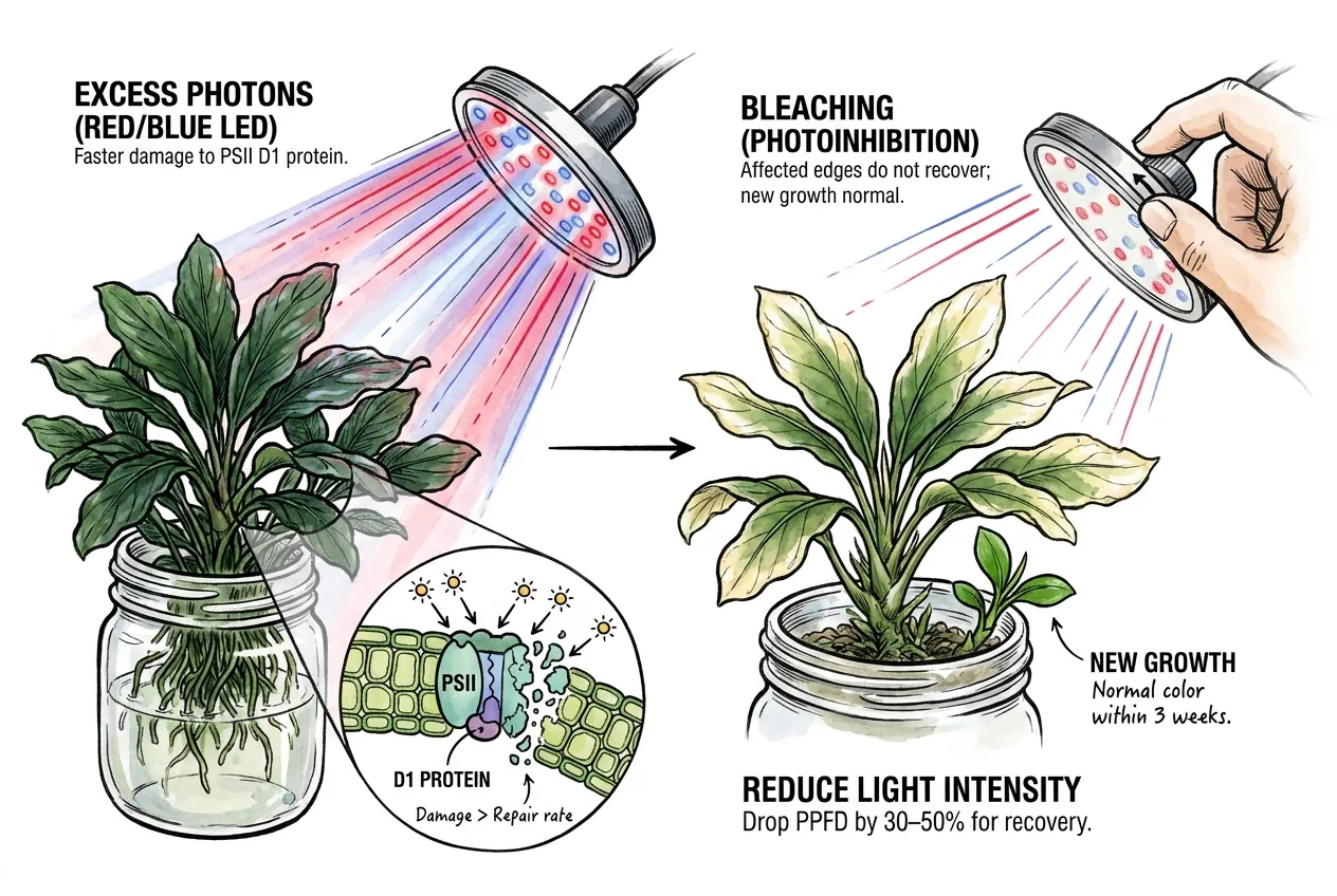 Illustration of bleached leaf margins associated with excess light