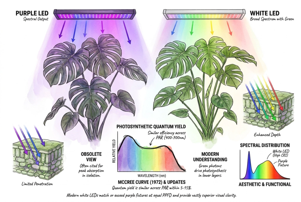 Comparación de una luz de cultivo morada y una blanca sobre plantas parecidas