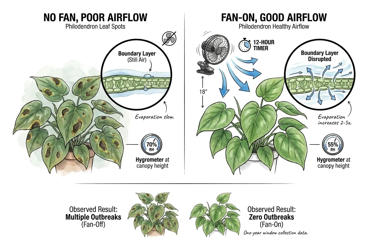 Clip fan and hygrometer near a philodendron canopy on a grow shelf
