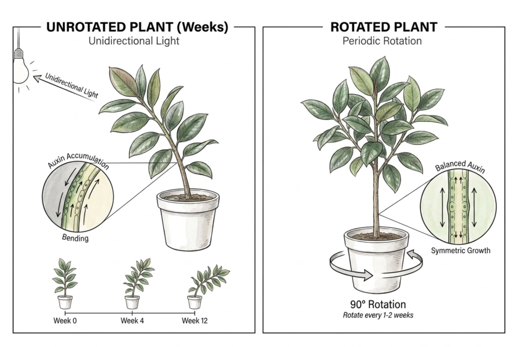 Planta inclinándose hacia una fuente de luz unilateral, para ilustrar por qué girarla favorece un crecimiento uniforme