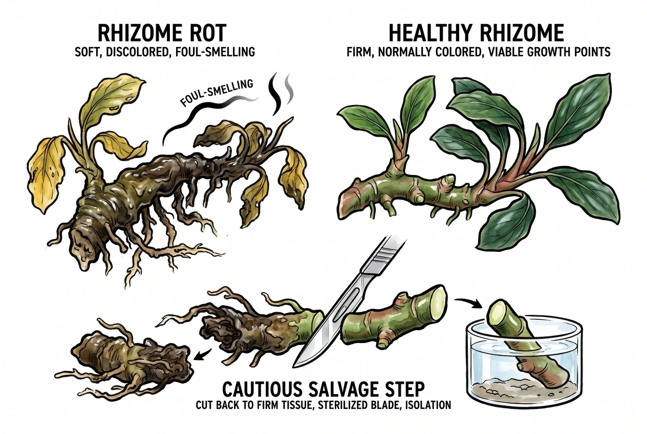 Illustration of a rotted brown rhizome next to firm healthy tissue