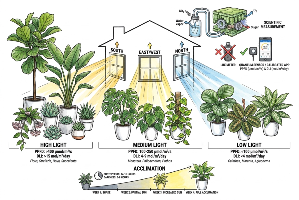 Distintas plantas relacionadas con ventanas de varias orientaciones según sus necesidades de luz