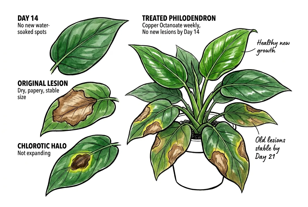 Philodendron leaf with dry, papery, stable lesions and no new spots
