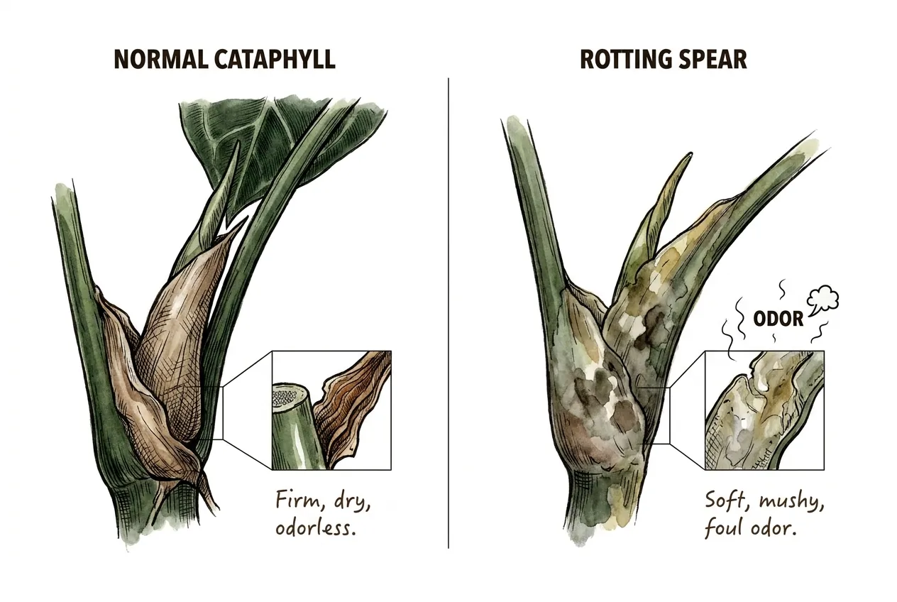Illustration contrasting a papery tan spent cataphyll with a soft water-soaked rotting spear; educational diagram, not a diagnostic photograph
