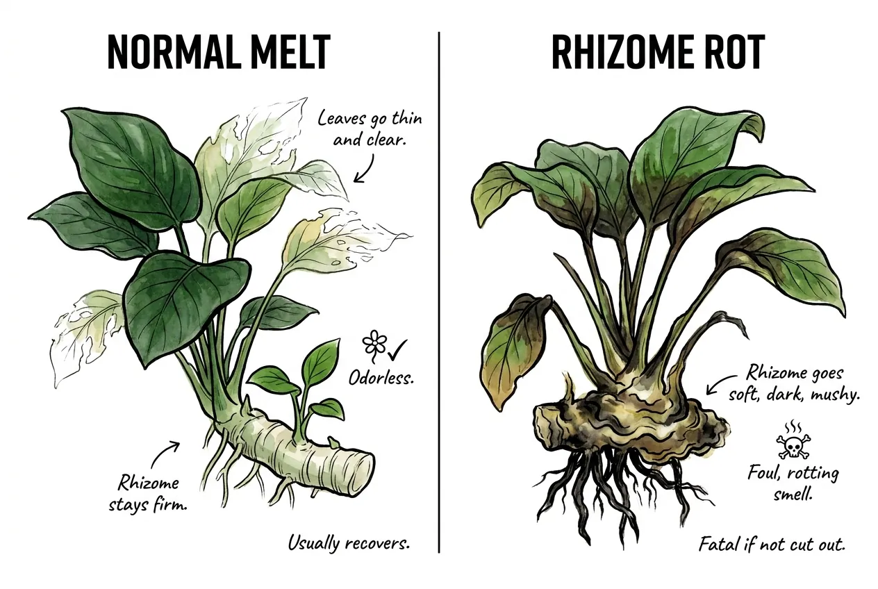 Illustration contrasting a firm pale Anubias rhizome with a soft, dark, decaying one