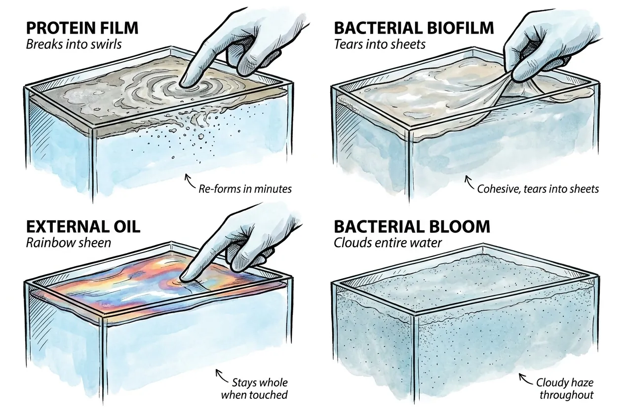 Four-panel comparison of aquarium surface film, biofilm, oil sheen, and a whole-water-column bacterial bloom