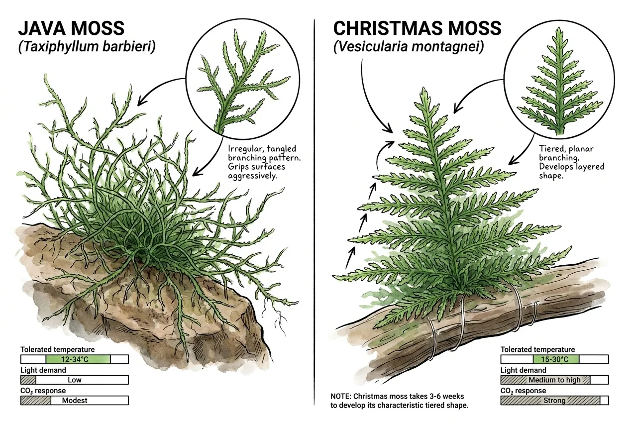 Stylized side-by-side comparison of an irregular Java moss tangle and a more tiered Christmas moss growth pattern