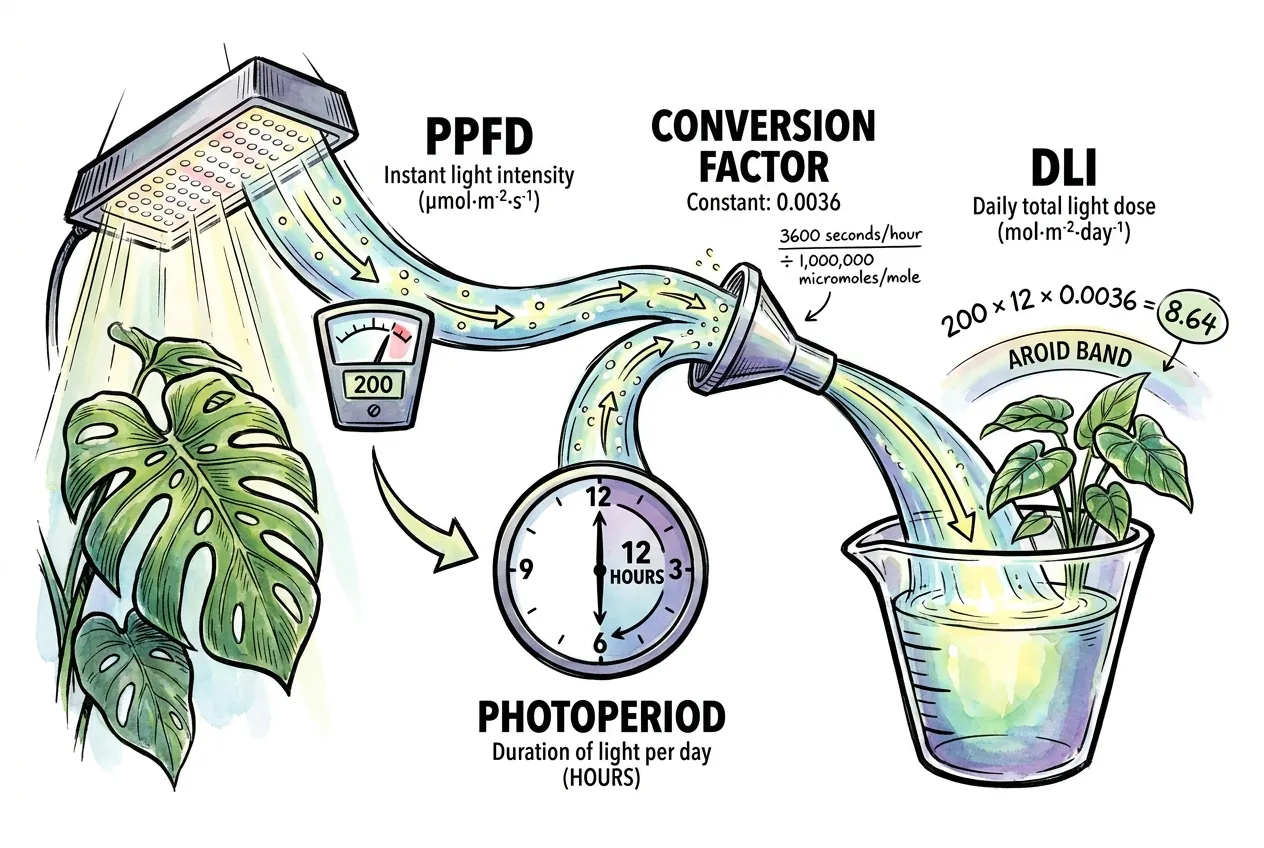 PPFD times hours times 0.0036 equals daily light integral formula diagram