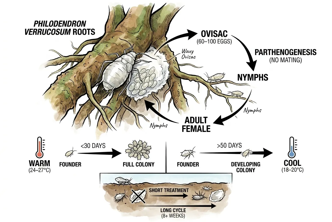 Conceptual diagram of an adult Rhizoecus female with a waxy egg mass among feeder roots.
