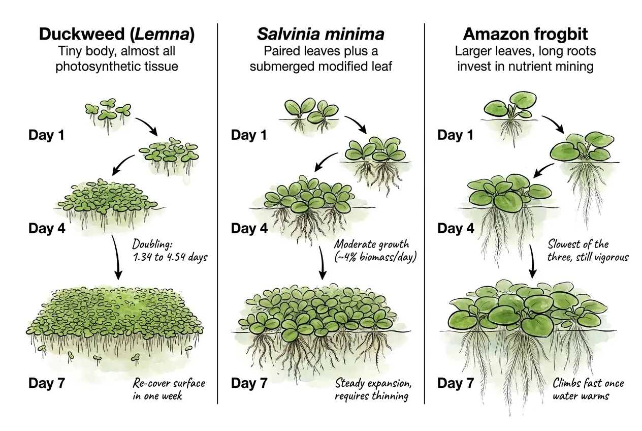 Duckweed, salvinia, and frogbit growth speed shown side by side