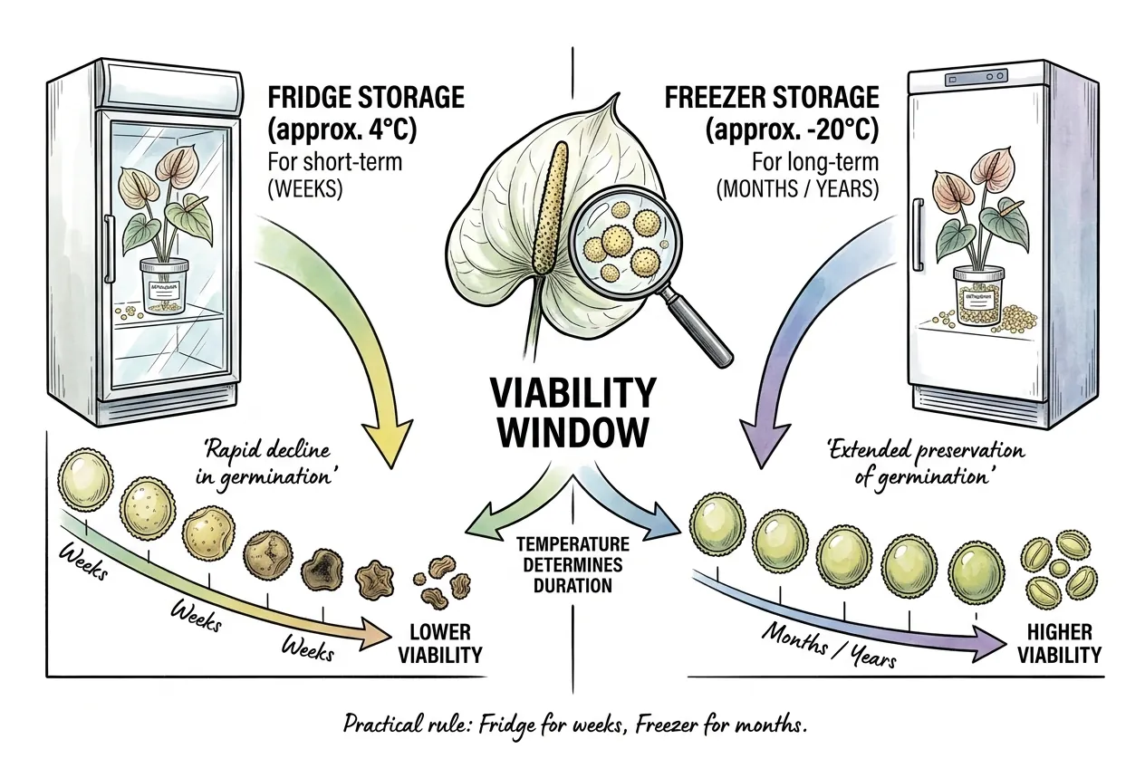 Illustration placing potted Anthurium plants inside a fridge and freezer; it depicts whole plants rather than sealed pollen vials