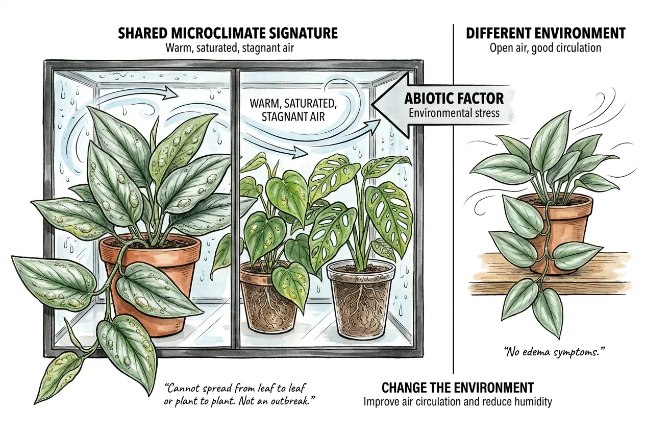 Several cabinet plants showing leaf bumps from one shared humid microclimate