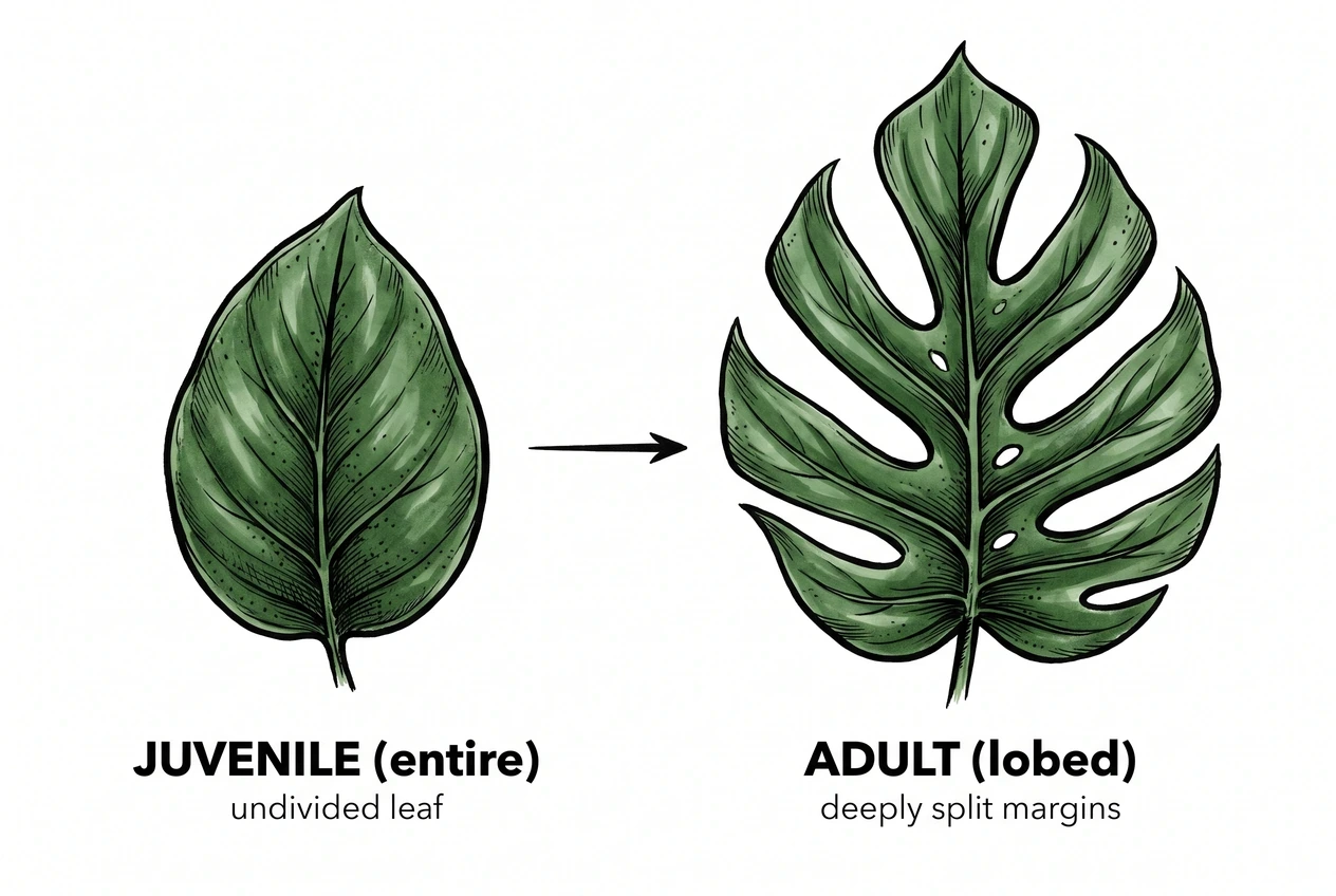 Illustration contrasting a round entire juvenile leaf with a divided adult aroid leaf; the divided leaf is drawn Monstera-style rather than as true Rhaphidophora