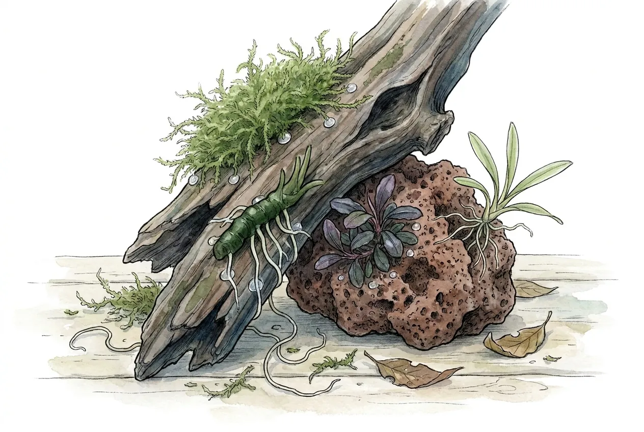 Watercolor close-up of Java moss, an Anubias rhizome, a purple Bucephalandra, and a small epiphyte pressed onto driftwood and porous lava rock, with rounded blobs of clear adhesive at the contact points.