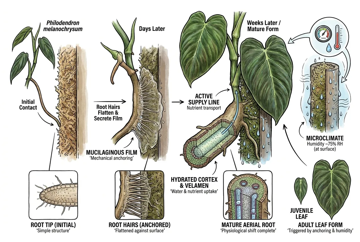 Schematic of an aerial root contacting a damp moss surface: root hairs, a film of mucilage, and a hydrating cortex