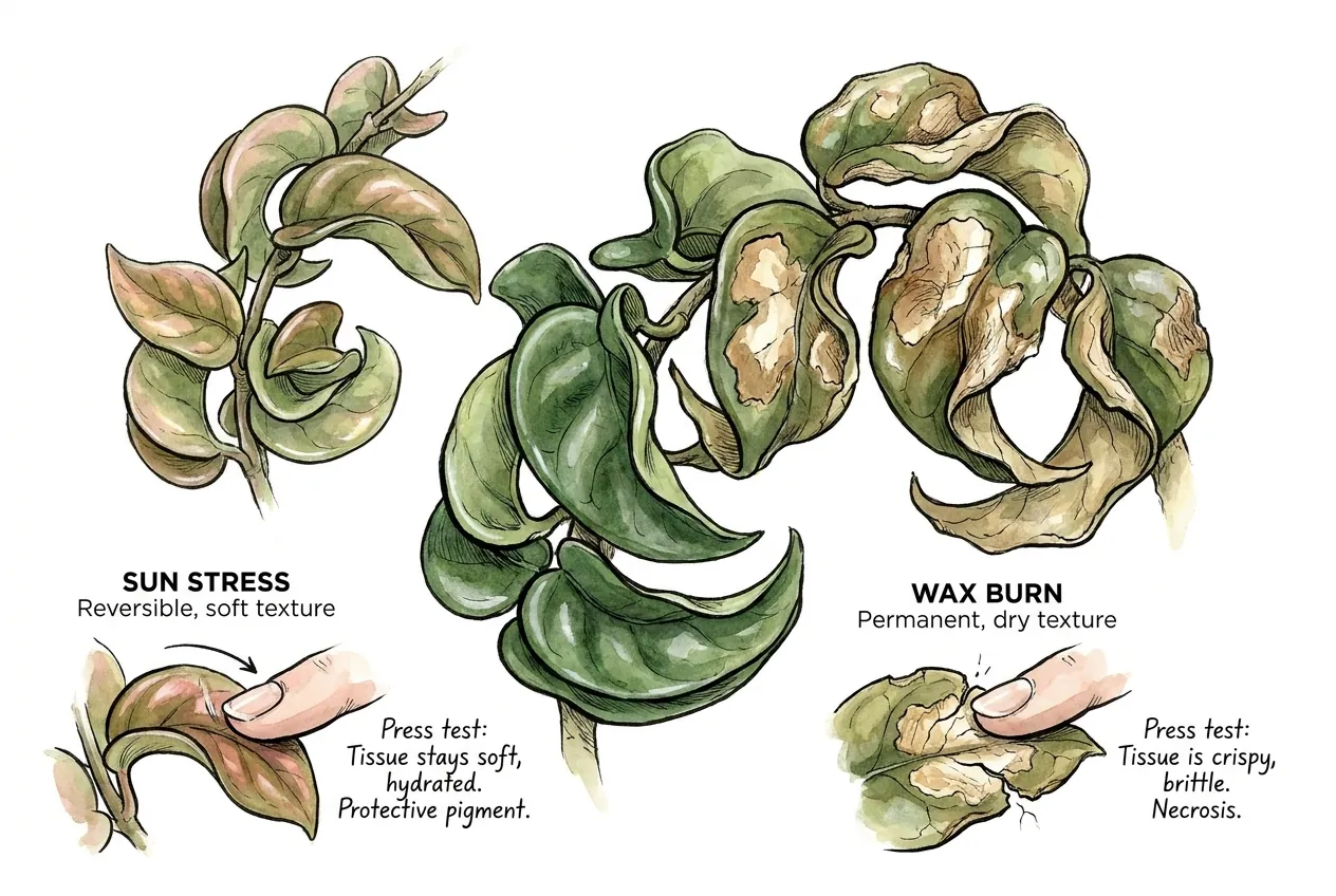 Illustration comparing a bleached dry leaf patch with healthy soft-reddened tissue