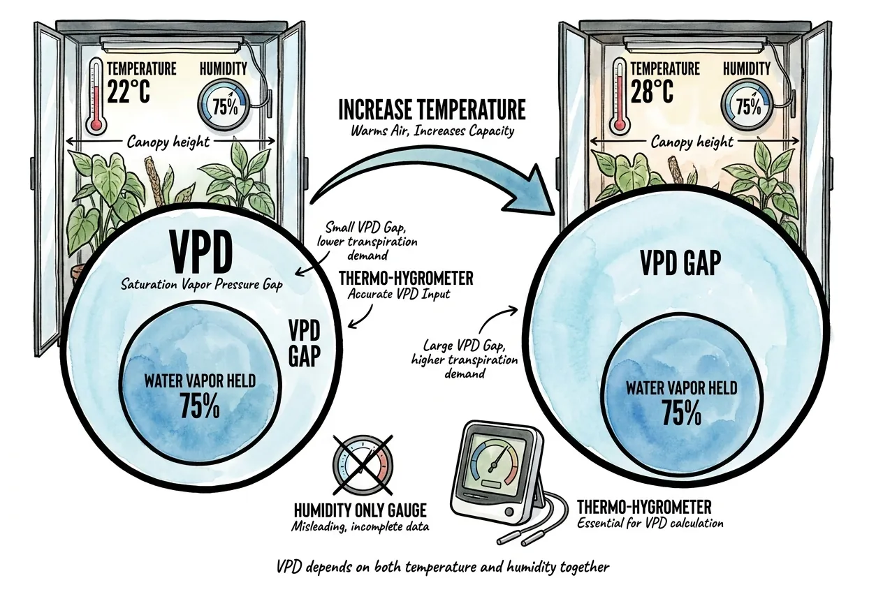 The same 75 percent humidity reading maps to different air VPD at two cabinet temperatures