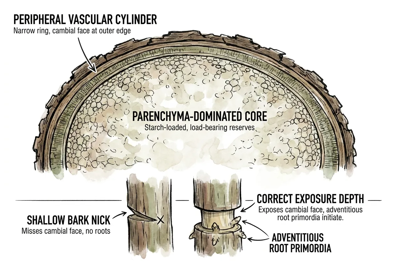 Illustration of a cycad stem cross-section showing a parenchyma-dominated core with several concentric vascular cylinders