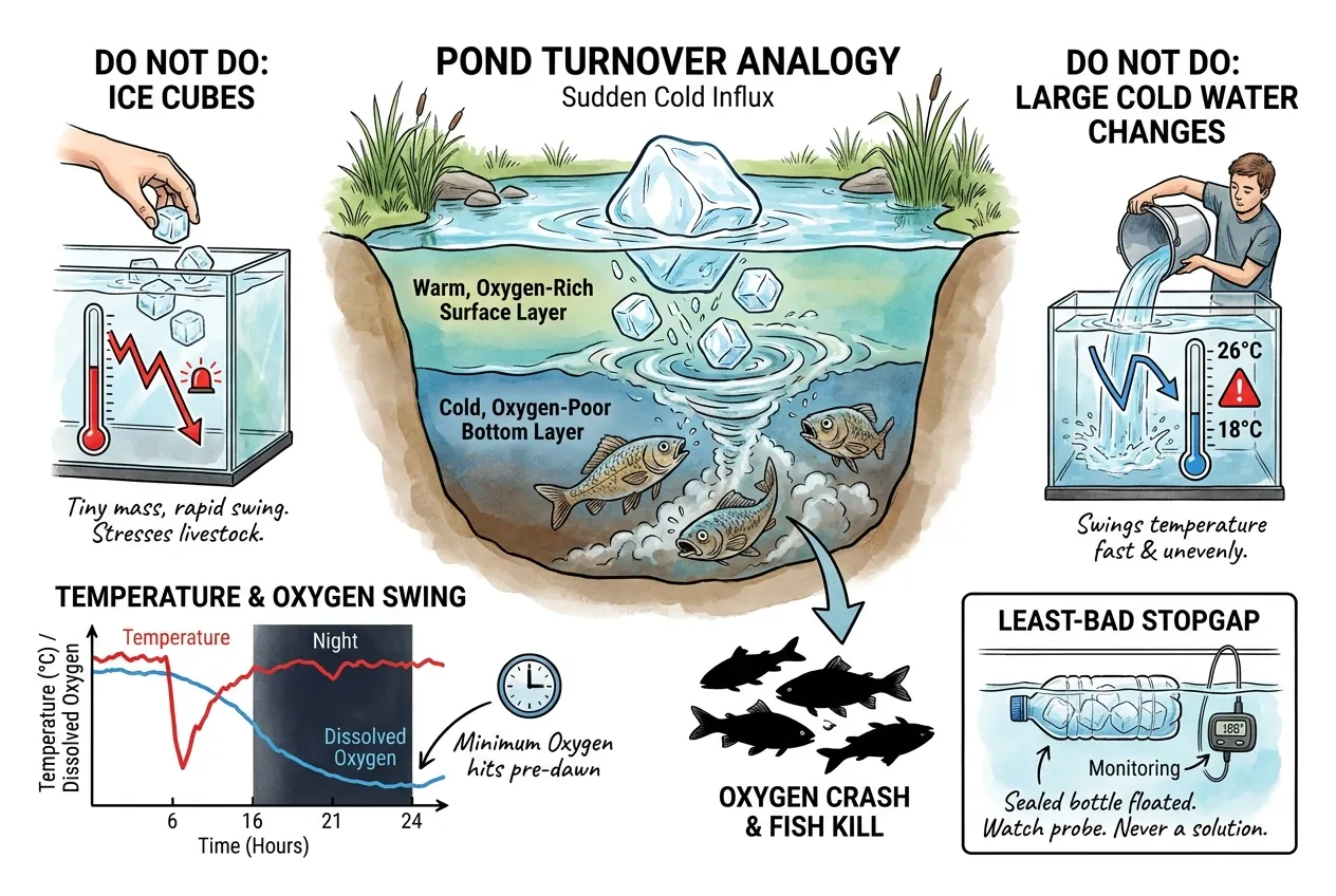 Emergency-cooling do and don't panel: bare ice cubes and large unmatched cold water changes marked cautionary, sealed dechlorinated bottle and fan marked preferred