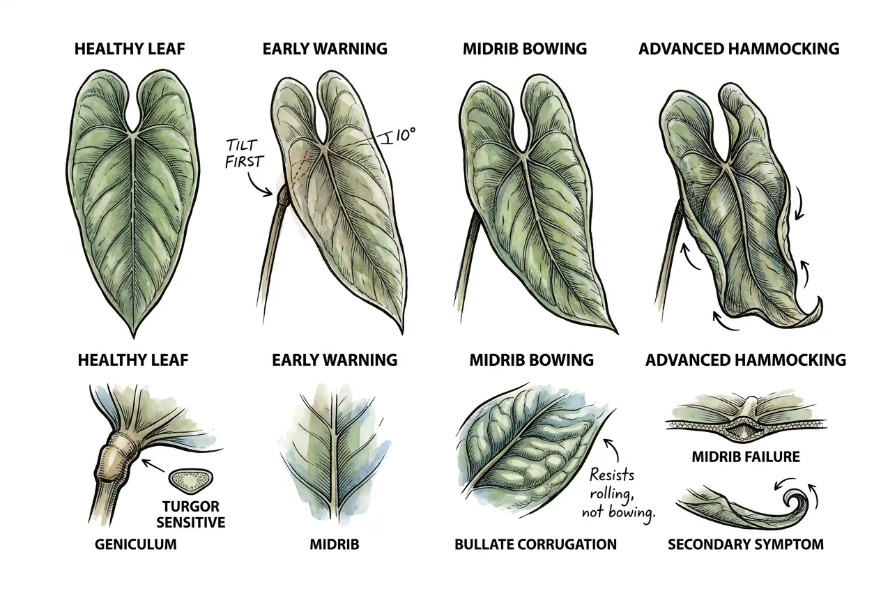 Illustrated diagram of a geniculum and midrib on a pendant aroid leaf; stylised, not a photograph of A. veitchii