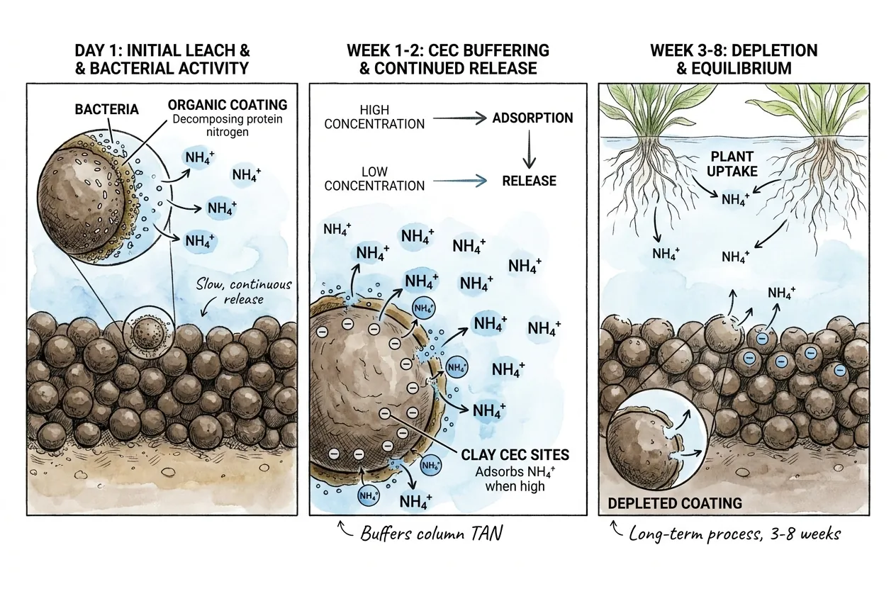 Aquasoil granule cross-section showing organic coating and CEC sites releasing NH4+ over time.