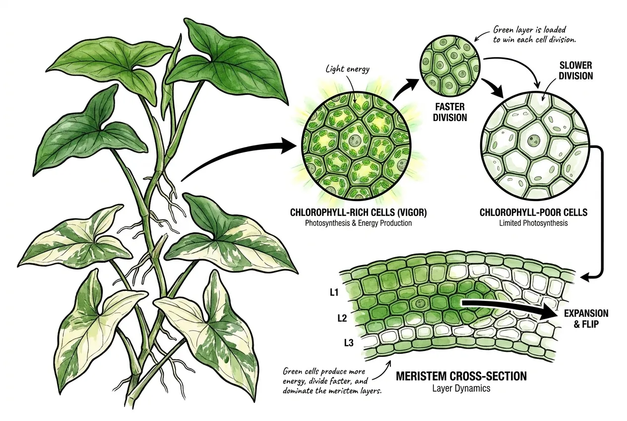 Conceptual illustration of green and white cell layers at a growing tip, with the green layer expanding into the white