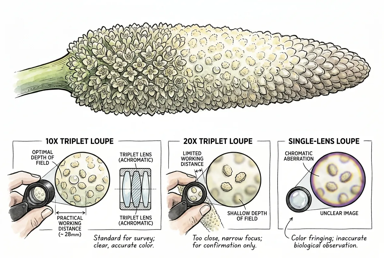 Illustration comparing hand-loupe magnifications held over an Anthurium spadix, showing how higher magnification shortens working distance and narrows the field of view